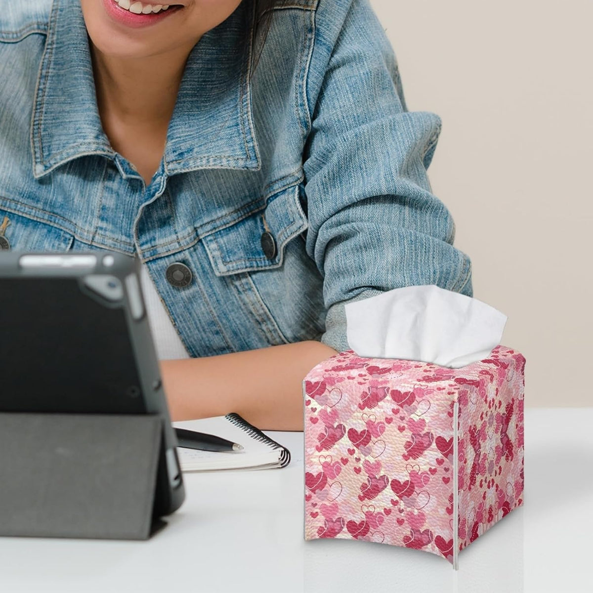 Happy Valentines Day Facial Tissue Box Cover PU Leather Square Tissue Case Dispenser 5.1"X5.1"X5.5" Organizer for Living Room Kitchen Bathroom Home Decor,Pink Love Heart