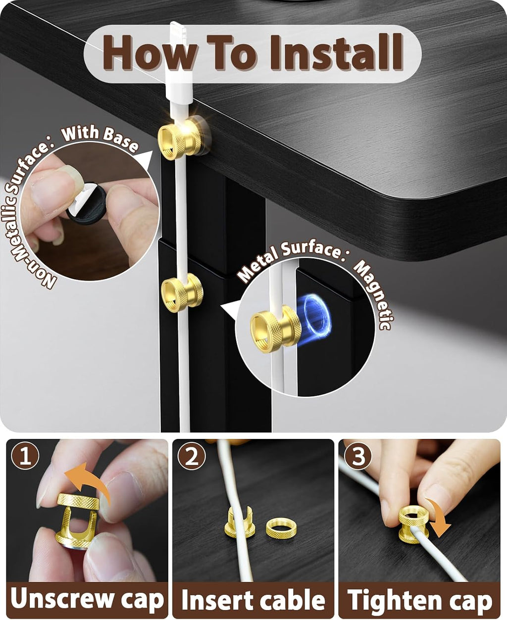 Viaky Magnetic Cord Holder,3 PCS Gold Metal Wire Organizer
