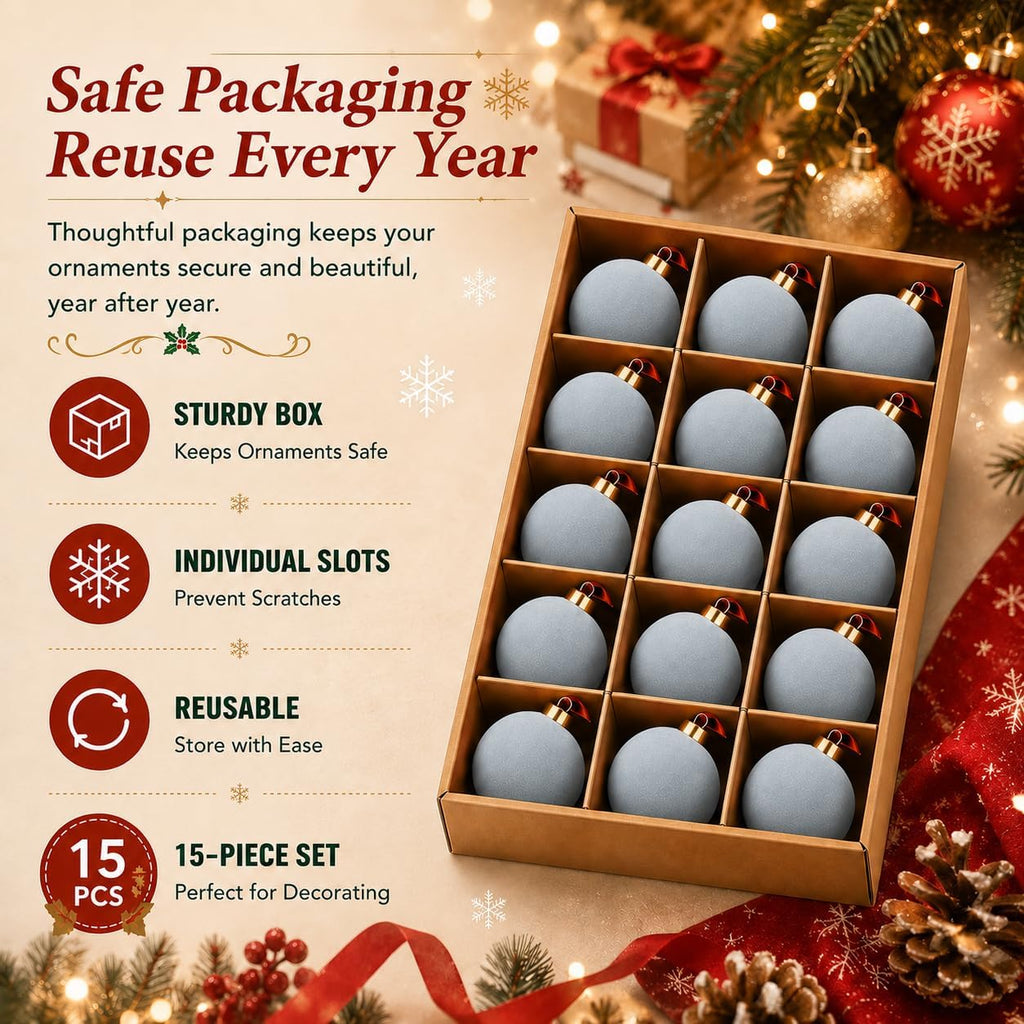 Velvet Christmas Balls Ornaments 15 Pcs, 3.15 Inch Light Blue Flocked Xmas Tree Ball Ornaments Shatterproof, Velvet Christmas Ornaments Set Bulk for Xmas Tree Holiday Wedding Party Decor