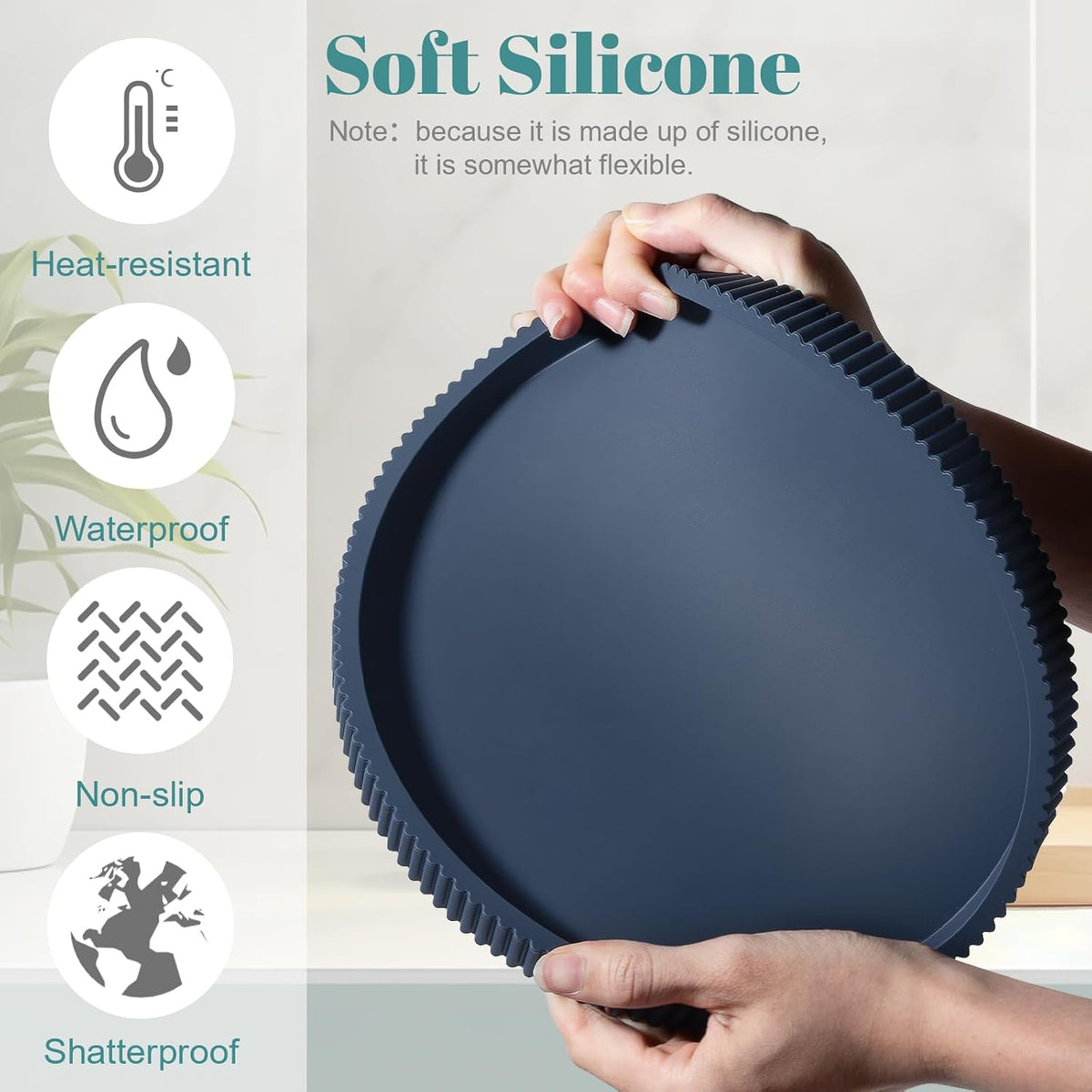 Silicone Bathroom Tray Round Perfume Tray Coffee Table Decor, 9" Dark Blue