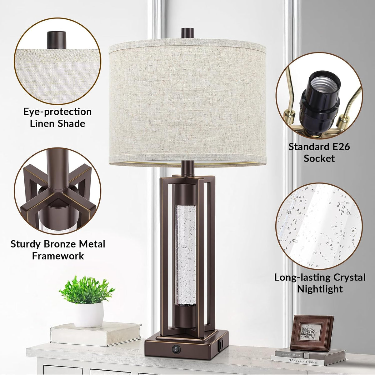 TOBUSA 26" Brown Farmhouse Table Lamps Set of 2 with Crystal Night Light