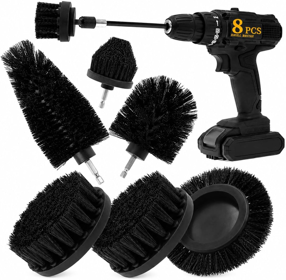 8 Pcs Drill Brush Attachment Set, Power Cleaning Scrub Brush Kit with Extend Long Attachment, All Purpose Drill Scrub Brushes for Car, Grout, Floor, Tub, Bathroom and Kitchen (Black)