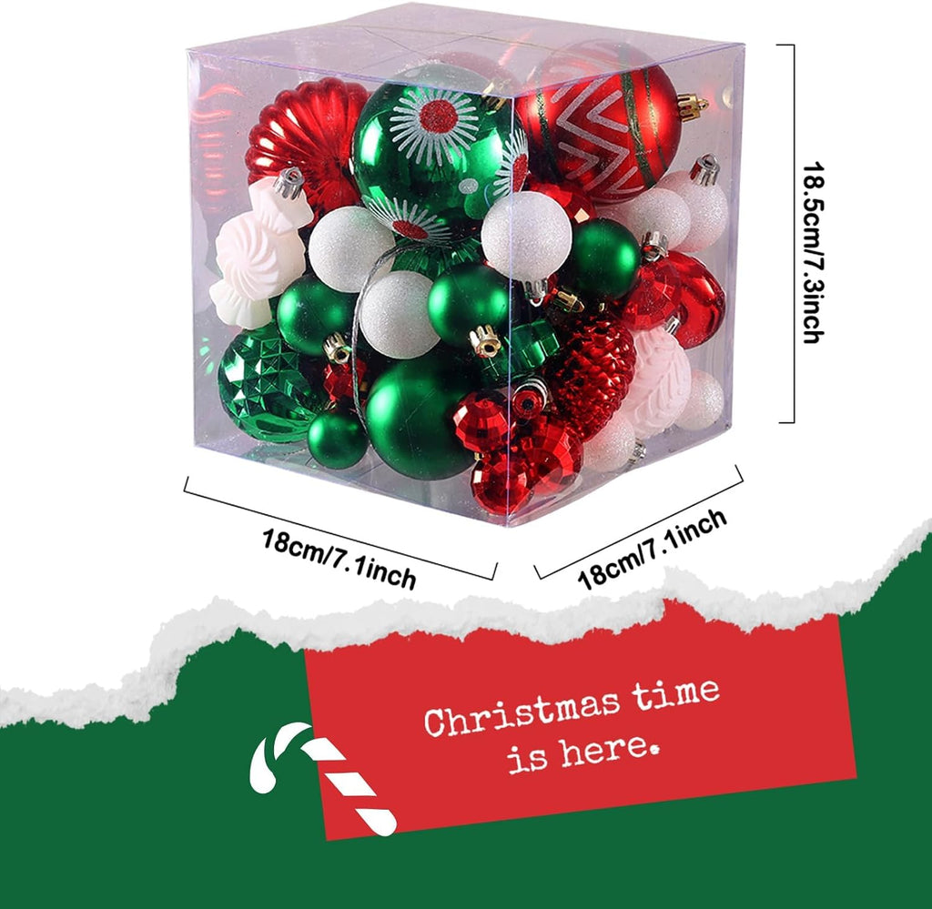 Christmas Tree Ornaments, 56PCS Red White Green Christmas Ornaments Shatterproof Multi Colored Plastic Hanging Balls for Xmas Decoration Holiday Party