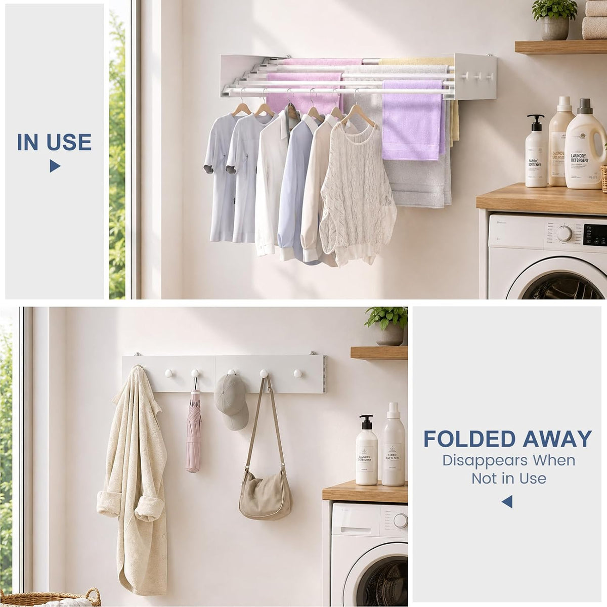 Extra Wide 40 Inch Drying Rack, Wall Mounted Foldable Clothes Drying Rack with 5 Stainless Steel Rods, Space Saving Indoor Laundry Rack for Apartment, Bathroom, and Balcony Home Organization