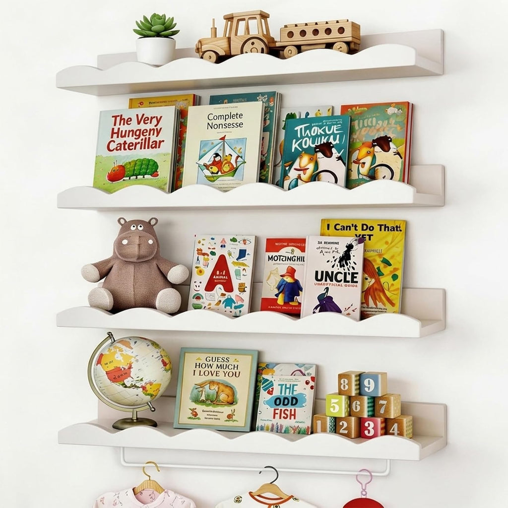 Fixwal Nursery Shelves, 16.5 Inch Floating Bookshelves for Wall Set of 4, Scalloped Wall Book Shelves with Towel Rack for Kids, Toddler Room, Baby Room, Nursery Decor and Storage(White)
