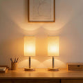 Small Table Lamp Set of 2, Bedside Lamp with 3000K Warm LED Bulb Included, Nightstand Lamp for Living Room Office Dorm Kids Room, Easy Assemble Minimalist Cream Shade & Wood Base(5W)