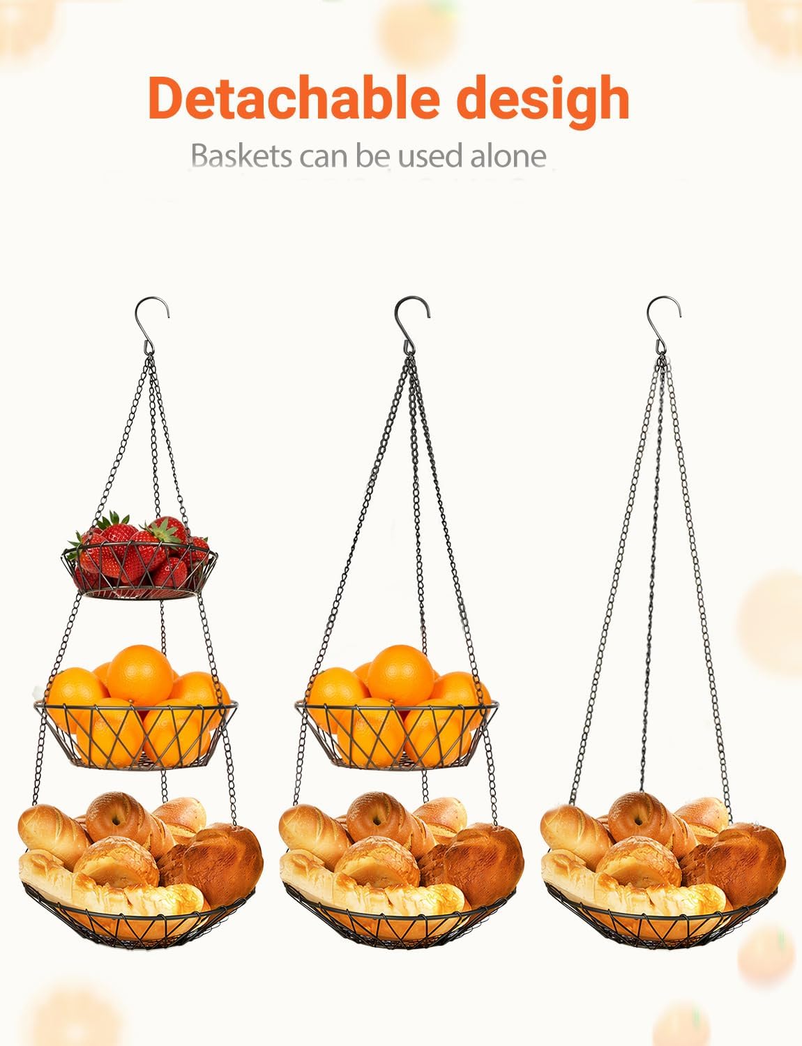 3 Tier Hanging Basket with Sturdy Metal Chain Hanging Hooks