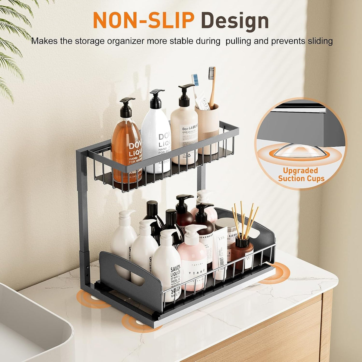 Under Kitchen Sink Organizer, Metal Pull Out Bathroom Organizers and Storage, 2-Tier Cabinet Organizer Shelf with Sliding Drawer, Home Organization for Kitchen, Laundry, Pantry, Dark Grey, 2 pack