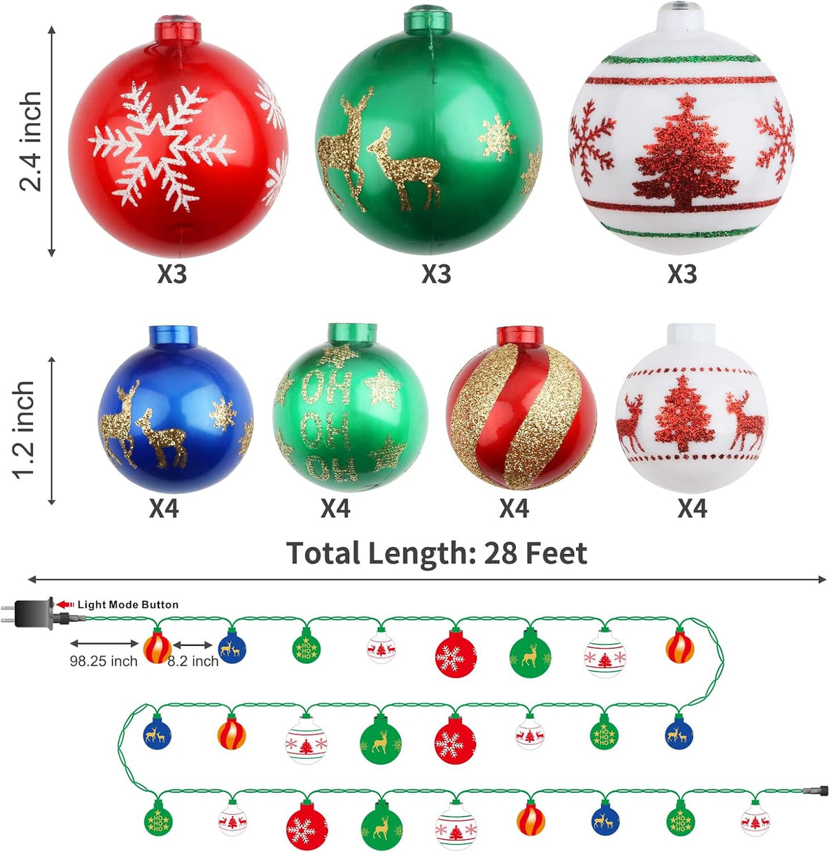 AIRIVO Twinkling Christmas Tree Lights, 28ft 25 Bulbs 8 Modes Color Changing Indoor Outdoor Ball String Lights, Plug in End to End Expandable, Ornaments for Christmas Tree Decor