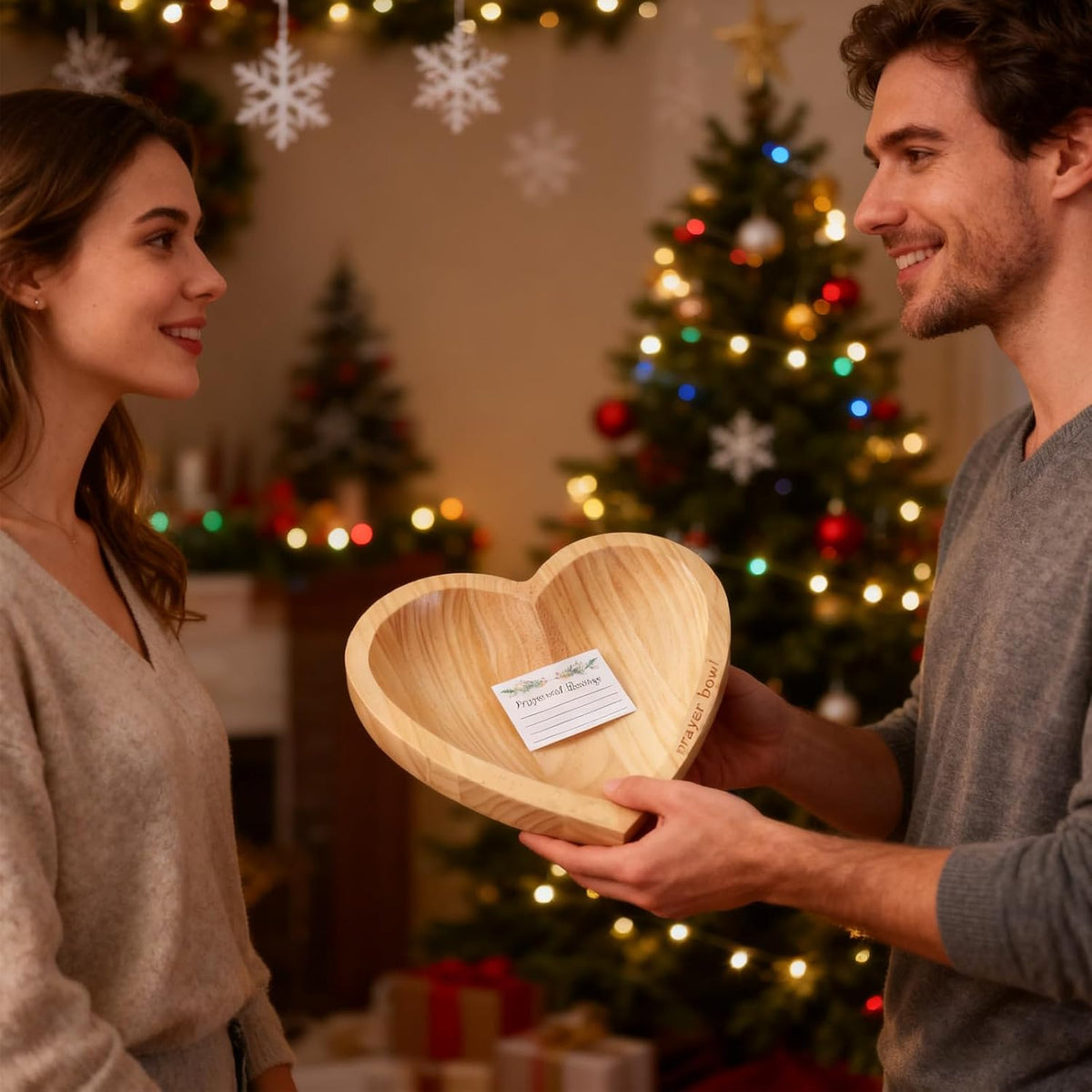 Wooden Prayer Bowl with 24 Blessing Cards, Heart Shaped Bowl with Engraved Cross and Text, Enhance Home Decor or Prayer Room Ambiance(Dark Yellow)