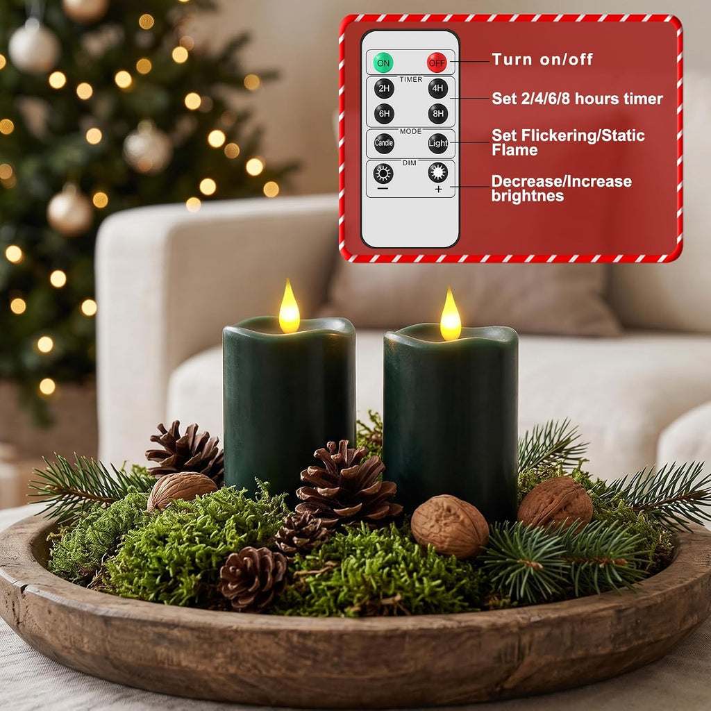 Retisee Flameless LED Candles Real Wax, 2 Pcs, Dark Green, 3 x 4 in
