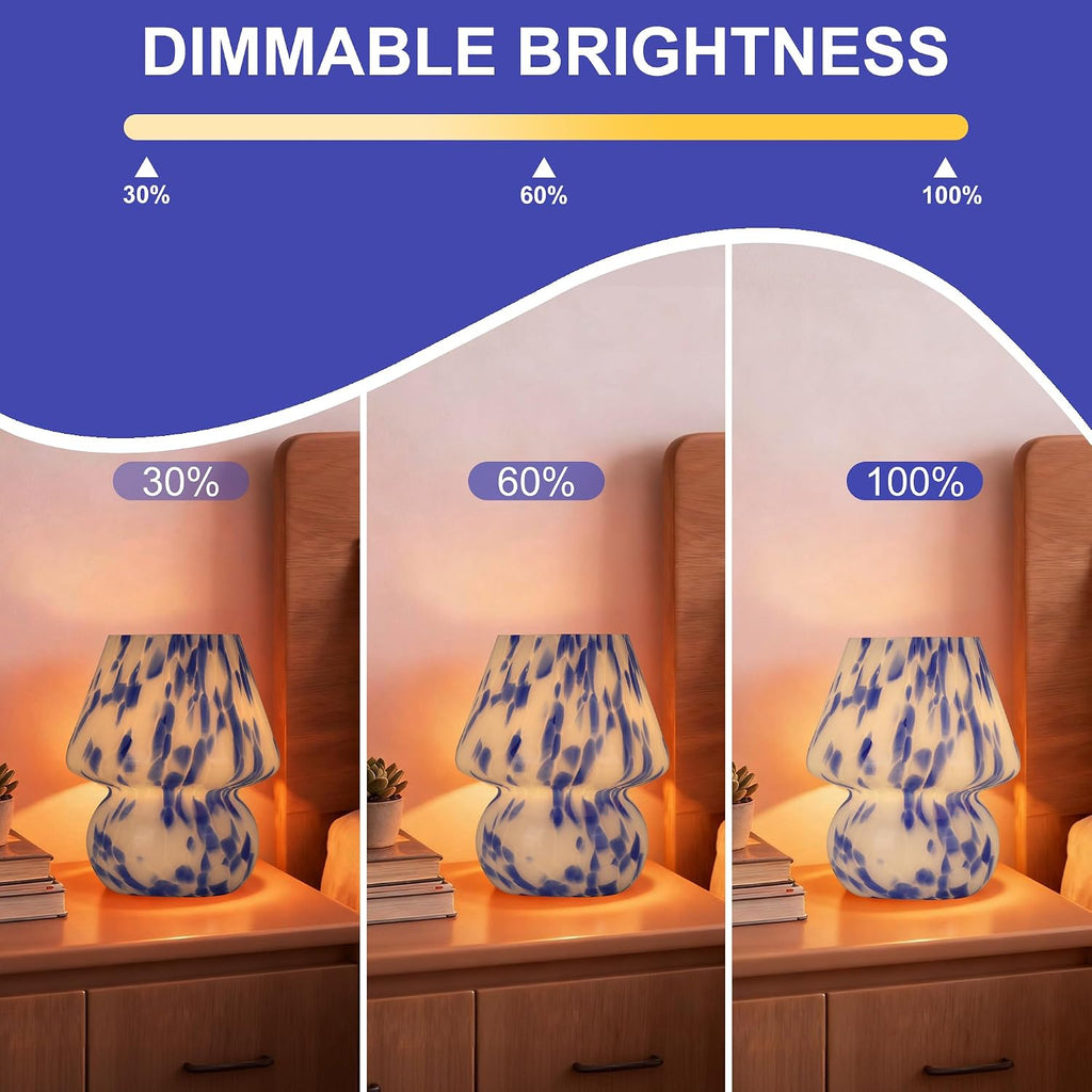 Mushroom Lamp Small Glass Table Lamp, Bedside Nightstand Lamp, Cute Desk Lamp for Bedroom, Dorm, Living Room & Kitchen, Classic Vintage Home Decor Lamp (2, Blue&White)