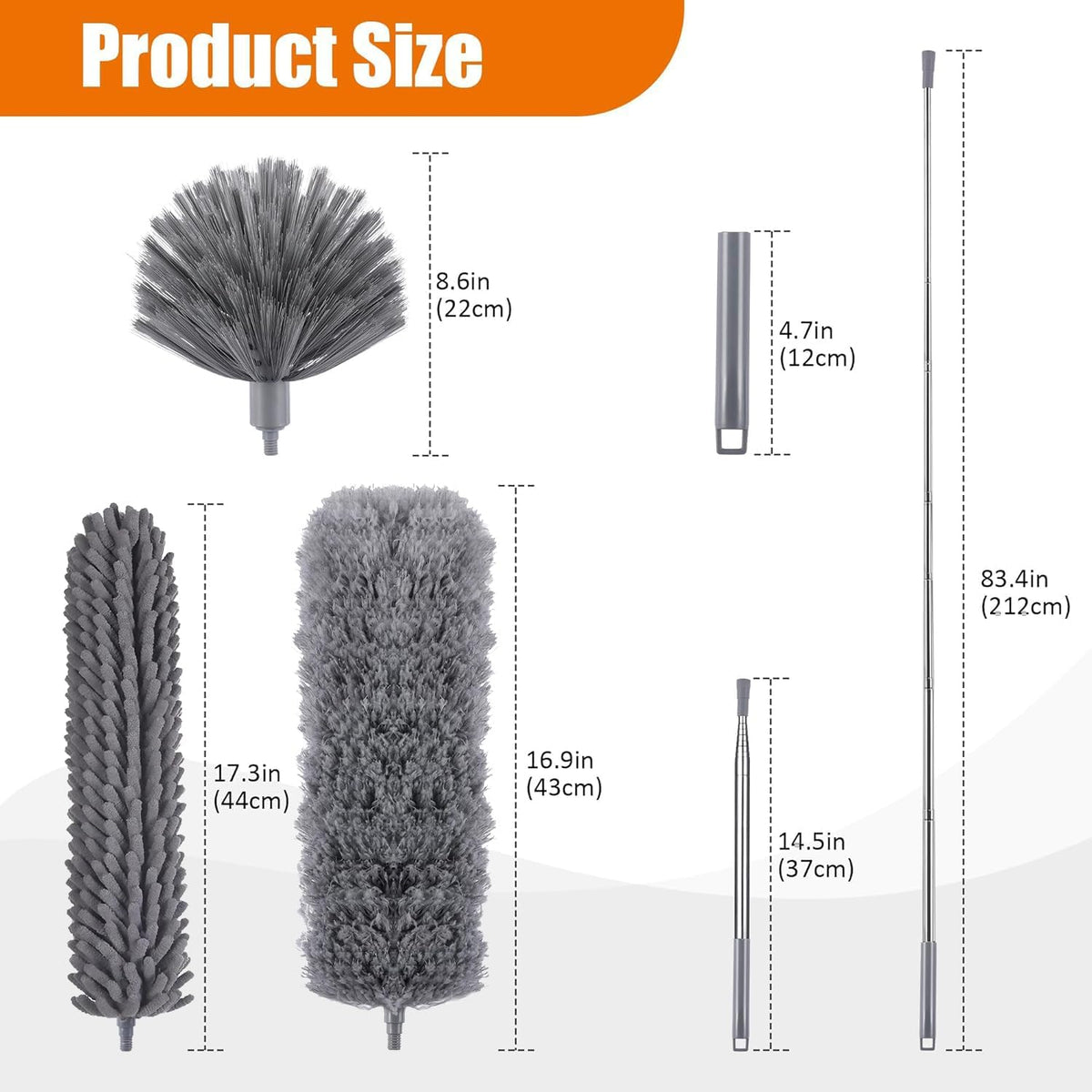 4 Pcs Microfiber Cobweb Duster with 100-inch Extendable Pole, Washable and Reusable Feather Cleaning Duster Kit with 3 Duster Heads,Dusters for Cleaning with Telescopic Pole for High Ceiling Fan