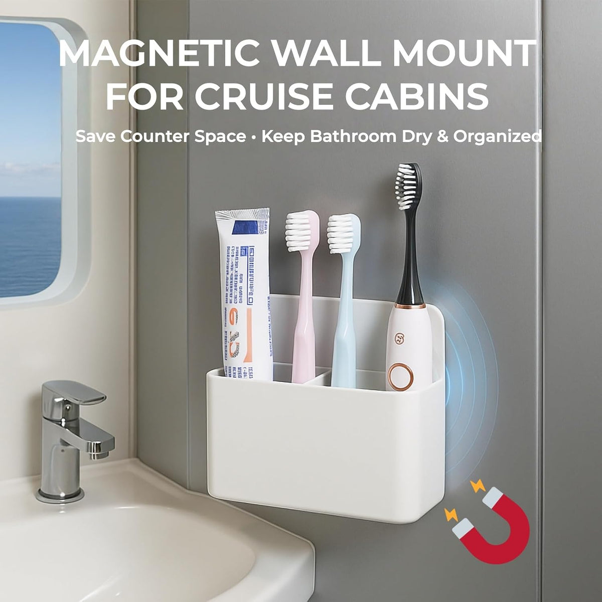 Magnetic Toothbrush Holder for Cruise Ship Cabins – Cruise Essentials 2026 & Travel Must Haves – Wall-Mounted Cruise Bathroom Organizer for Alaska & Caribbean Staterooms (White)
