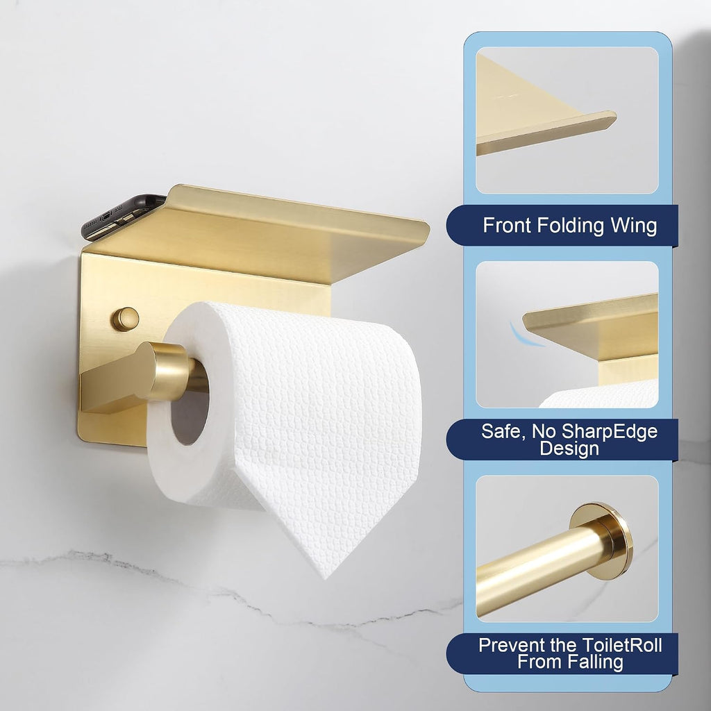 BGL Toilet Paper Holder with Shelf, Jumbo Roll Toilet Paper Holder for Large Rolls,Brushed Gold Adhesive Toilet Roll Holder for Bathroom，Renter Friendly Toilet Paper Holder