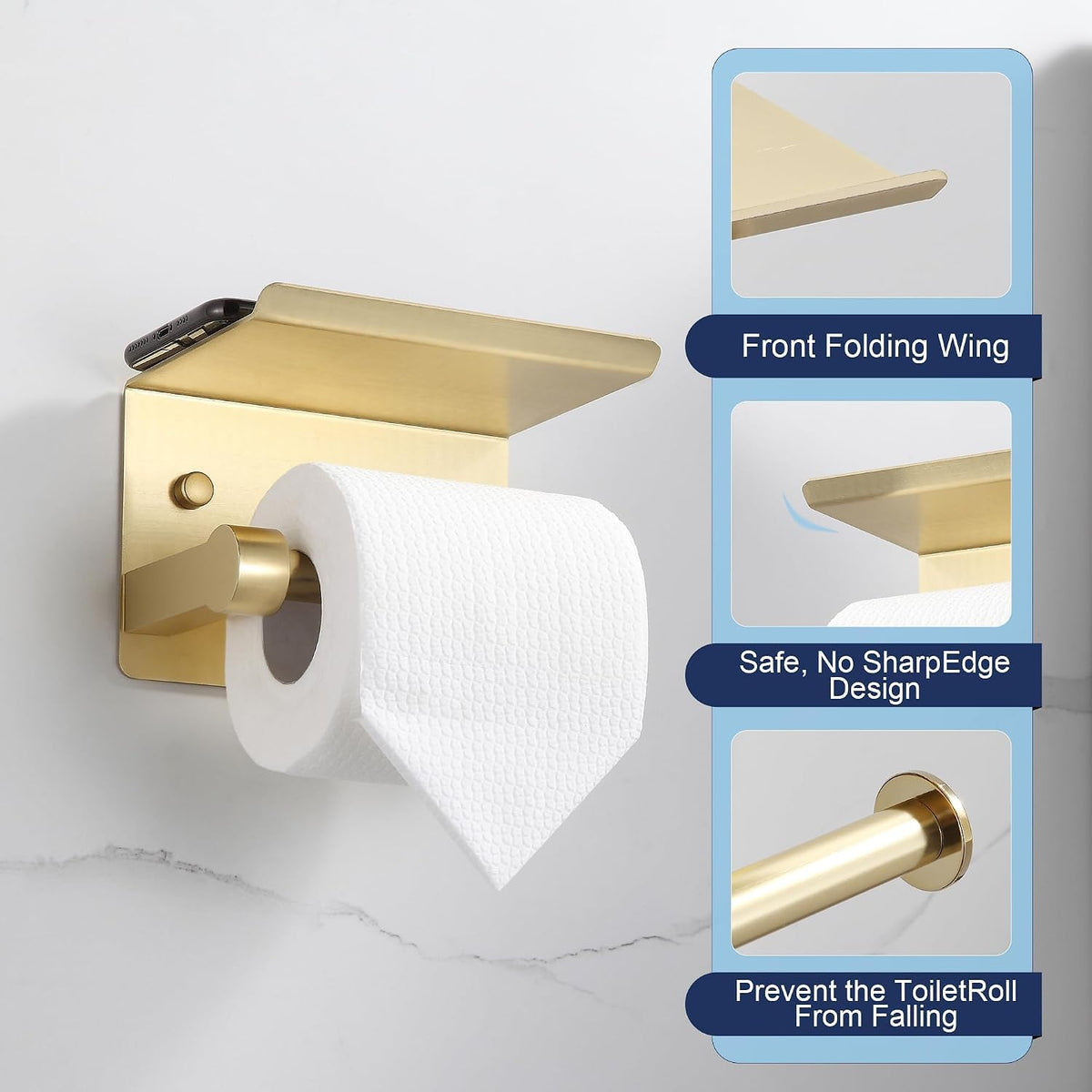 BGL Toilet Paper Holder with Shelf, Jumbo Roll Toilet Paper Holder for Large Rolls,Brushed Gold Adhesive Toilet Roll Holder for Bathroom，Renter Friendly Toilet Paper Holder
