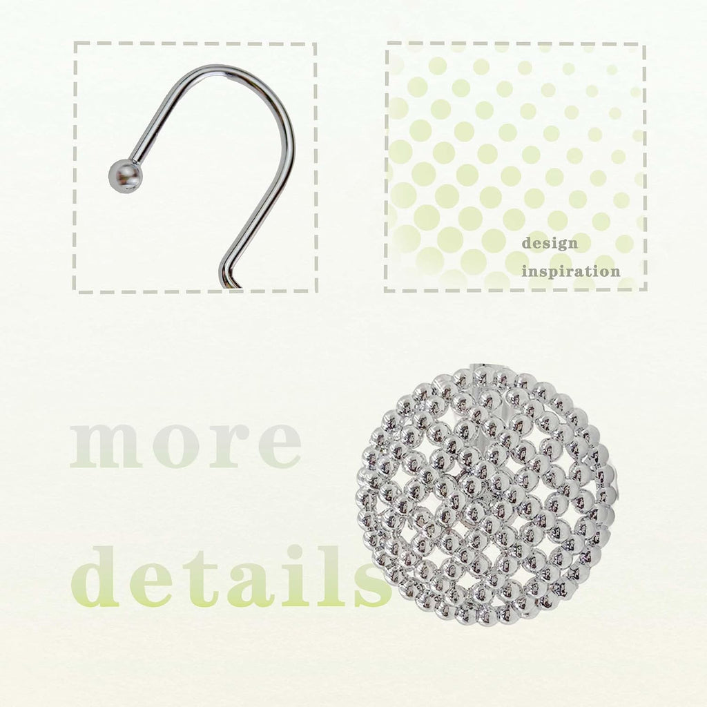 Silver Shower Curtain Hooks, 12 Pack Modern 3D Beaded Decorative Shower Curtain Rings, Rust Proof Heavy Duty Metal Shower Hangers for Bathroom Rods