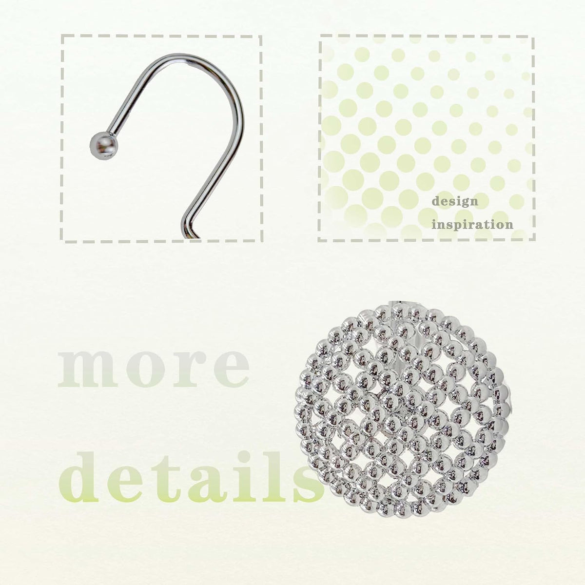 Silver Shower Curtain Hooks, 12 Pack Modern 3D Beaded Decorative Shower Curtain Rings, Rust Proof Heavy Duty Metal Shower Hangers for Bathroom Rods