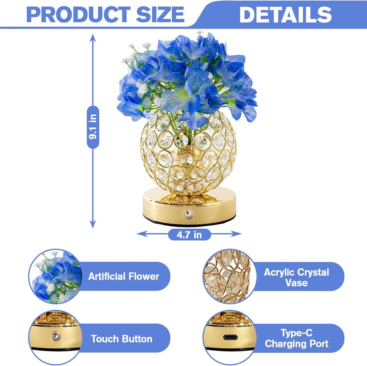Flower Table Lamp, 16 Color Changing Hydrangea Crystal Night Light with Remote, Touch Dimming Artificial Flower Light, Romantic Flower Decoration Gifts for Girl Women Mom (Blue-Hydrangea)