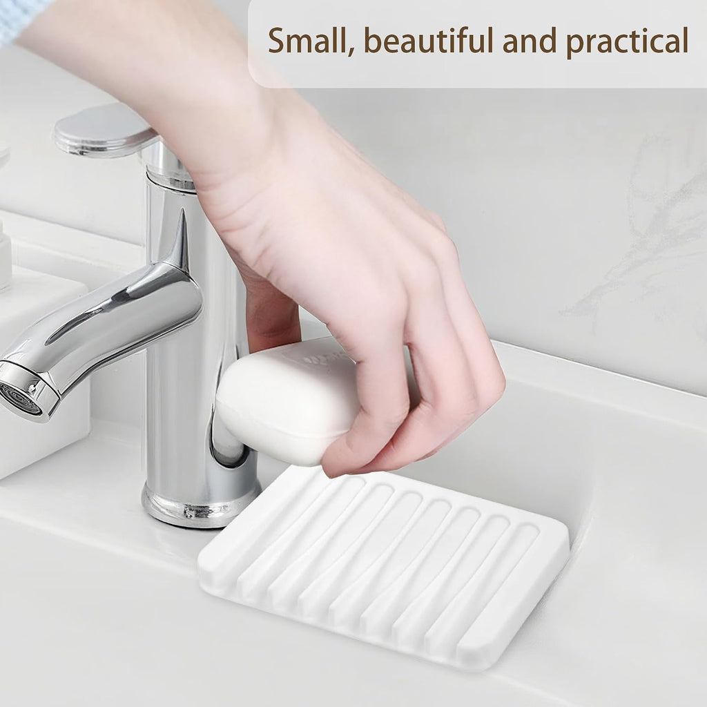 Aoheuo Modern Minimalist Style Soap Dish, Flexible Silicone Drain Soap Holder (White), 4.5" Long 3.2" Wide 0.4" High, Suitable for Kitchen, Bathroom and Bar Sinks