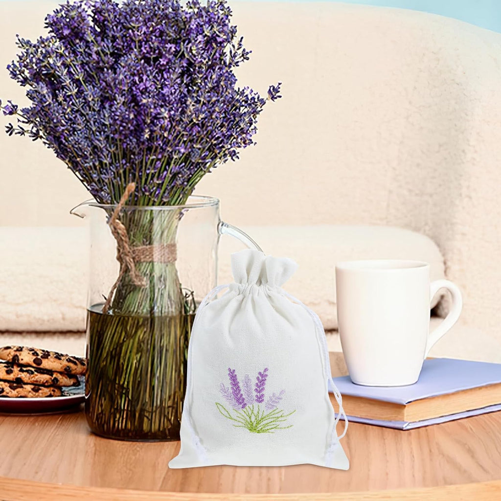 blissfulmilo 10pcs Sachet Bags,Cotton Drawstring Bags,Lavender Pouches, Small Jewelry Pouch Empty Sachet Bags with Lavender Pattern for DIY Wedding Party Supplies