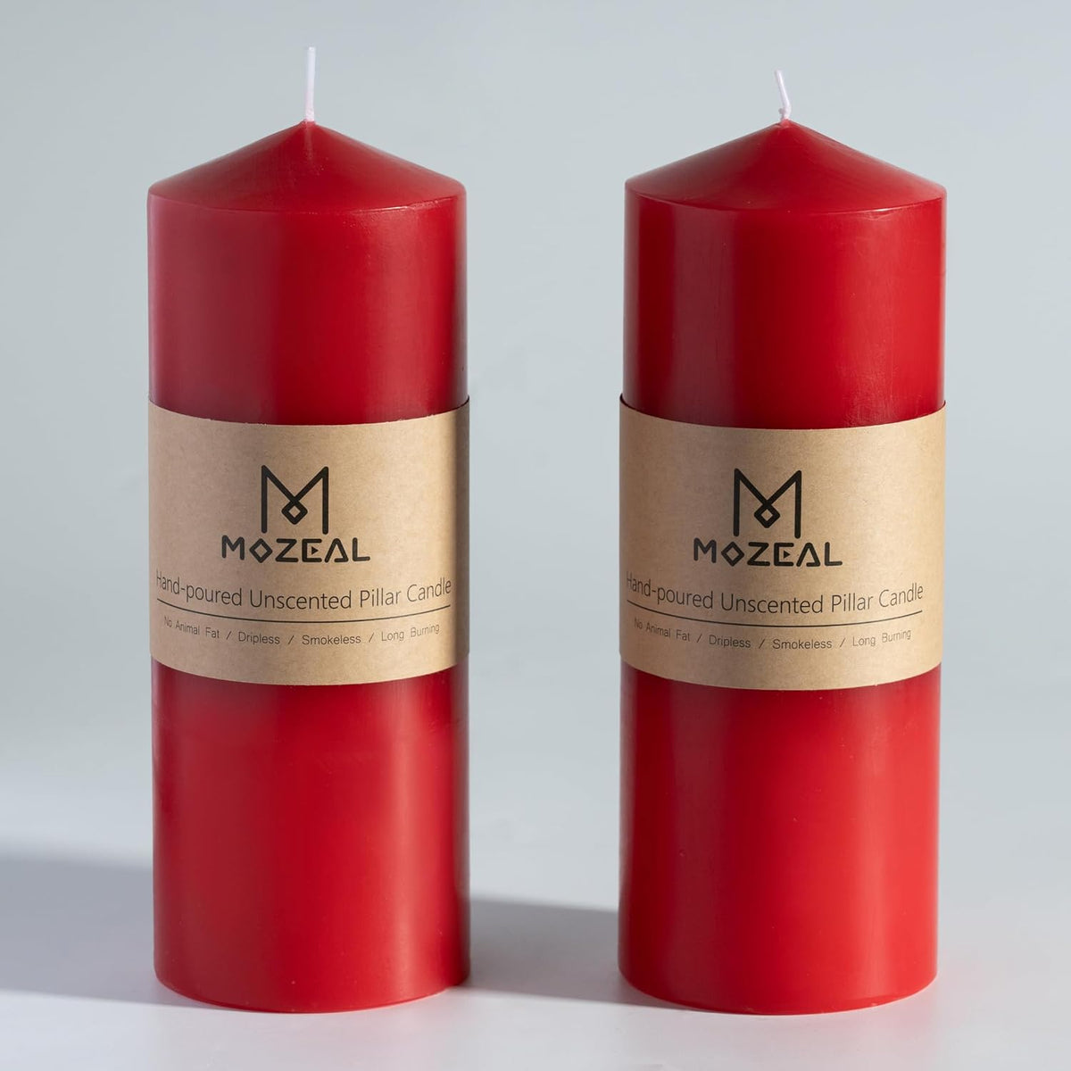 MOZEAL 3" x 8" Hand-Poured Unscented Candles,Large Red Pillar Candles Set of 2,No Drip,Approx 120 Hours Long Burning,Wedding,Dinner,Christmas and Home Decor（3 Inch Diameter 8 Inch Height）