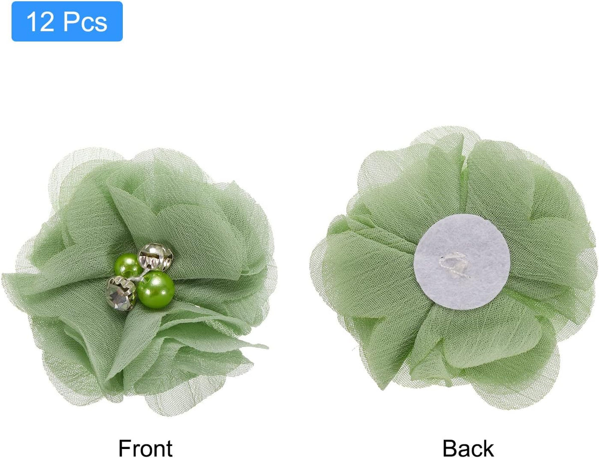 MECCANIXITY Artificial Rhinestone Chiffon Flower Heads, Light Green Faux Flowers 2 Inch for DIY Craft Wedding and Party Decoration Pack of 12