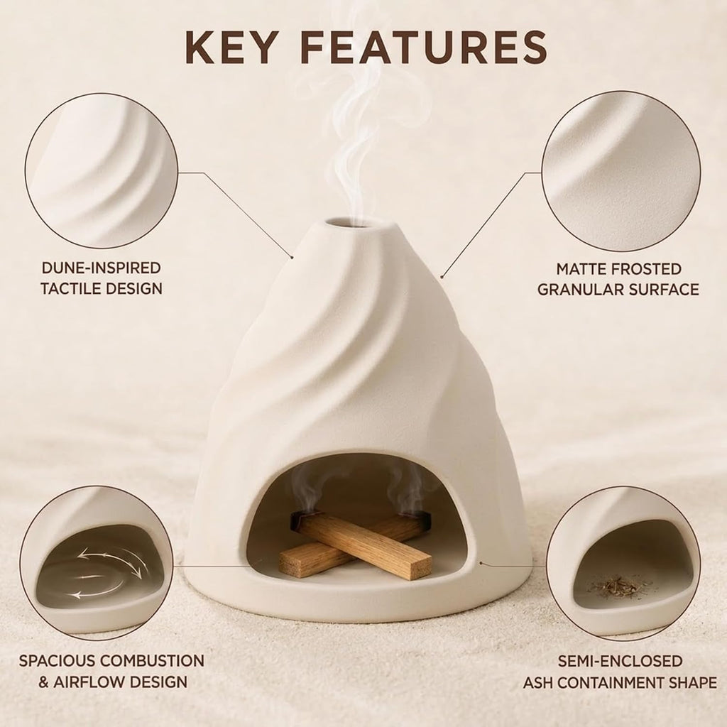 Palo Santo Holder, Ceramic Dune-Inspired Tactile Burner with Felt Pad and Fan Brush, Multi-Use Incense Holder for Palo Santo Sticks and Smudge Sage, Meditation and Home Decor -Cream