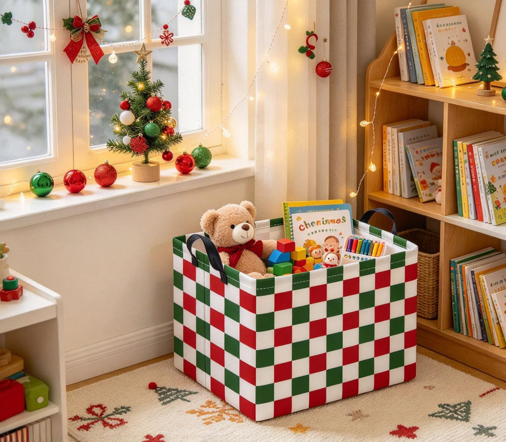 Rectangular Christmas Basket Fabric Storage Bin Boxes Collapsible Storage Basket for Clothes Books Shelves(Red Green Checkered)