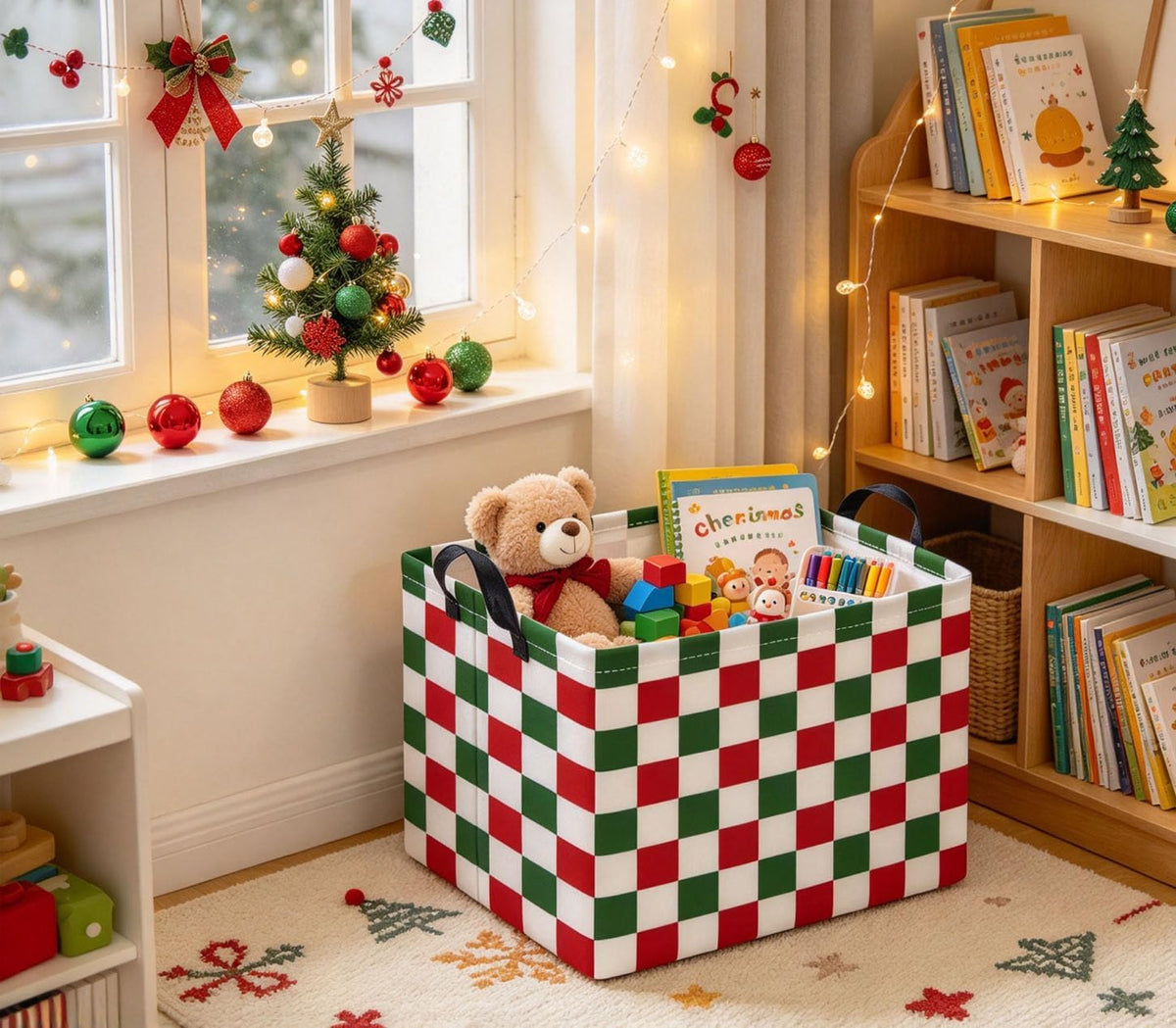 Rectangular Christmas Basket Fabric Storage Bin Boxes Collapsible Storage Basket for Clothes Books Shelves(Red Green Checkered)