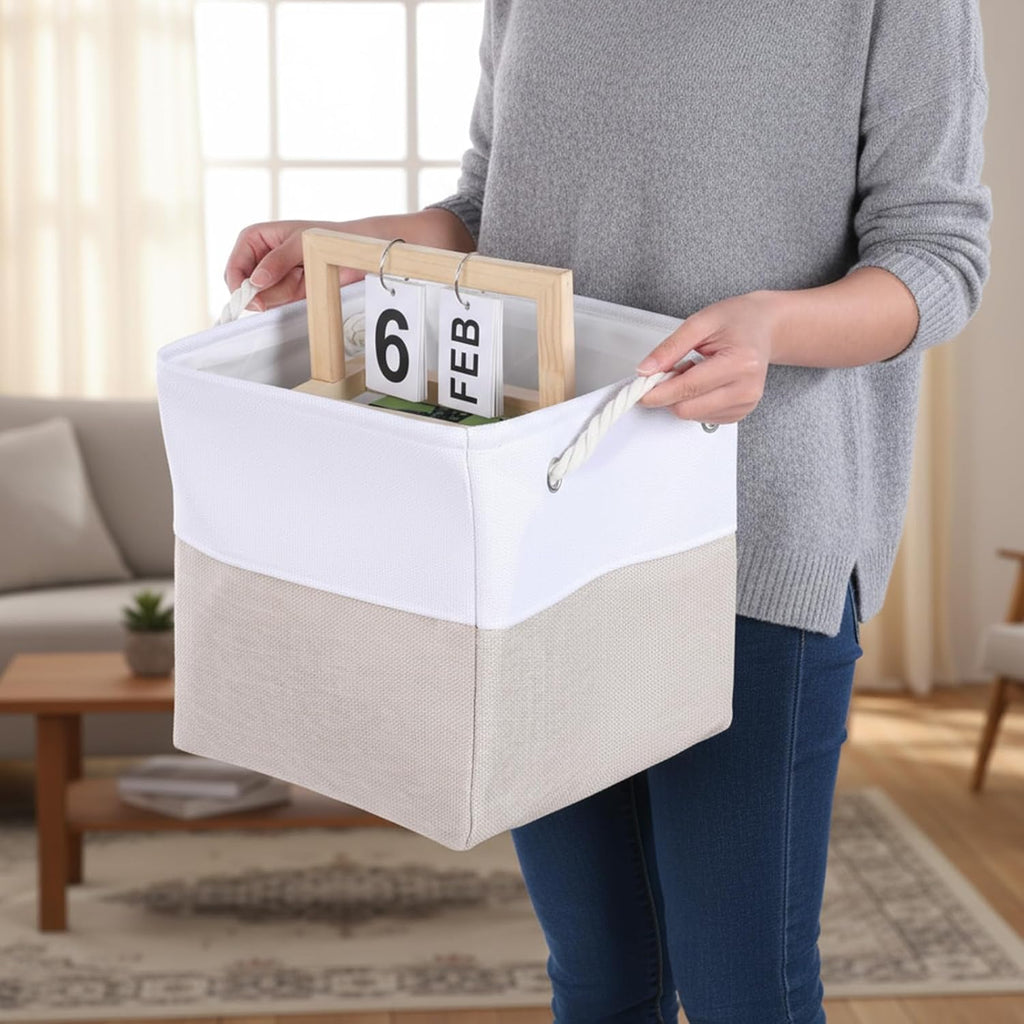 11 x 11 Inch Cube Storage Bins, 6 Pack Foldable Linen Organizer with Rope Handles for Home, Office, Closet, Clothes, Toys, White and Beige
