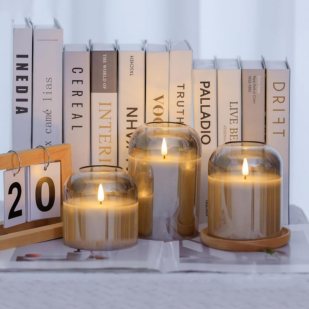 volnyus Grey Glass Flameless Candles with Remote Set of 3 Battery Operated Flickering LED Pillar Candles Real Wax Wick Φ 4" H 4" 5" 6", Gray