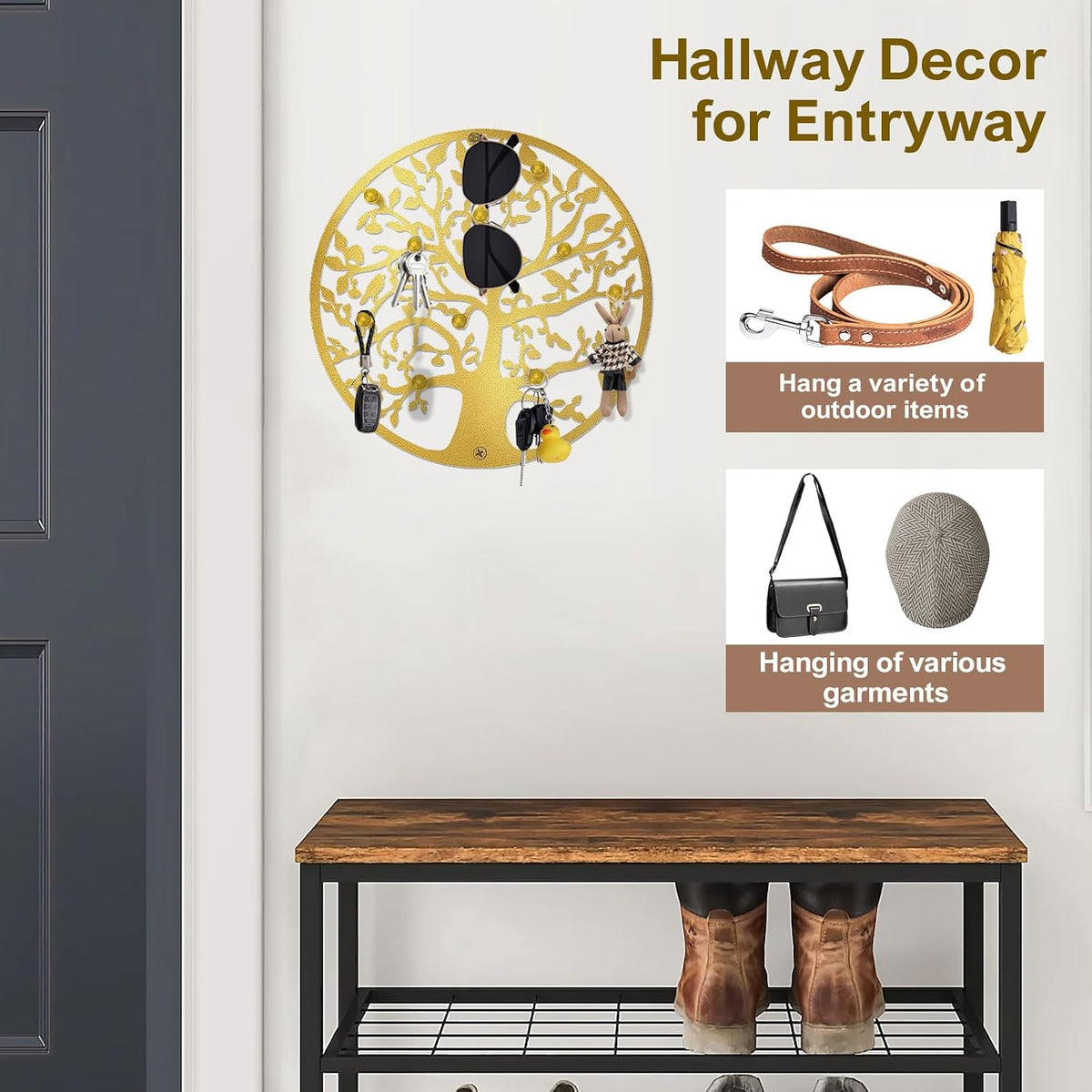 Round Decorative Home Key Holder Wall Mount, 2 Pack Metal Tree Car Key Rack for Wall Organizer for Keys, Wallets, Hats, Used for Decor for House Entryway, Kitchen, Garage, Office (12" Gold)