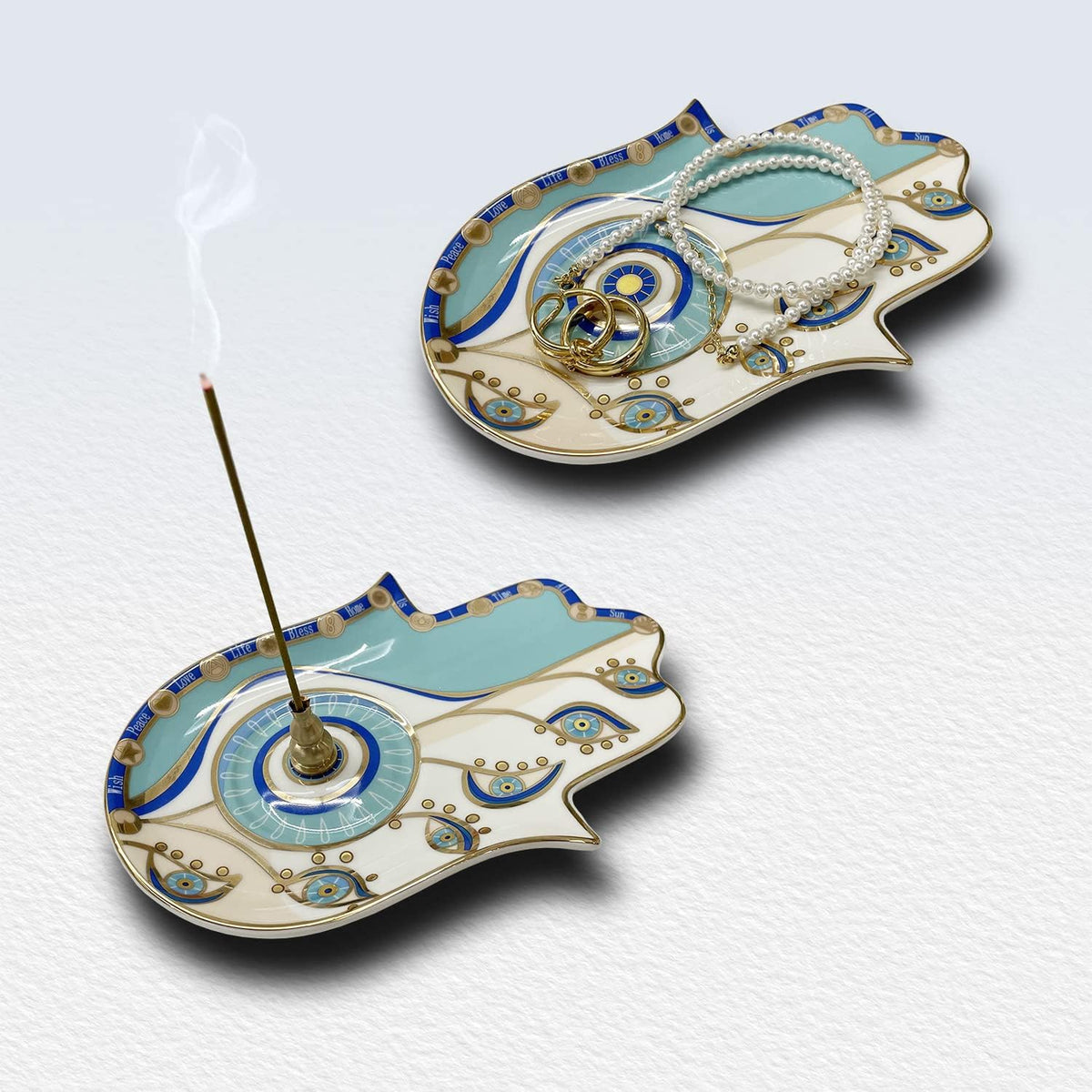 Ceramic Hamsa Hand Incense Holder - 2 in 1 Brass Incense Holder for Sticks and Coil Incense- Zen Decor with Hand of Fatima Design Protection from Evil - 6.2" L X 4.5" W (Blue)