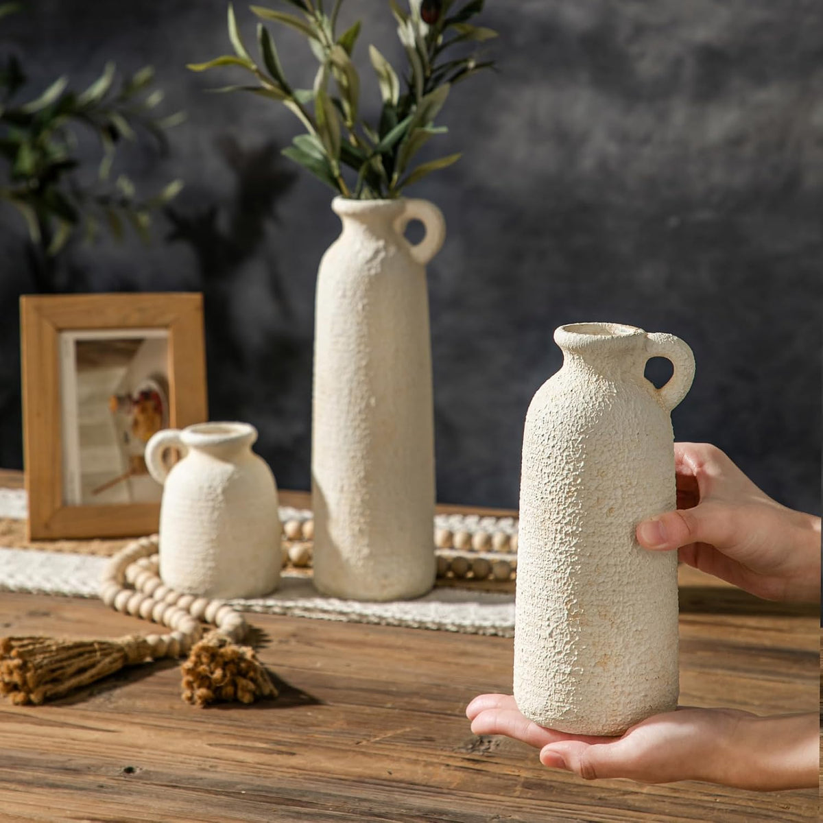 Ceramic Vases Set of 3, White Neutral Rustic Farmhouse Pottery Vase