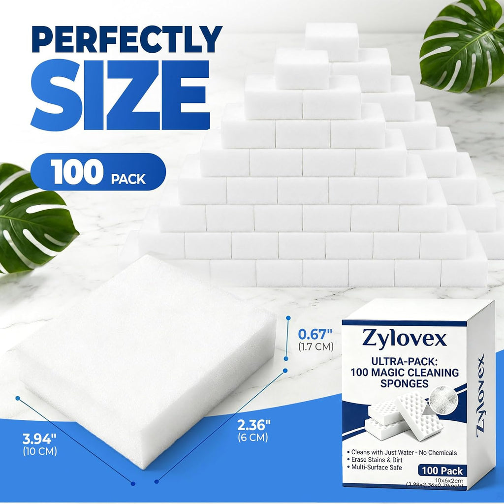 Magic Sponge - Heavy Duty Melamine Cleaning Sponge for Kitchen, Bathroom, Wall, Furniture - Non Scratch Multi Surface Cleaner (Off-White, 100 Pack 3.93“x2.36”x0.79)