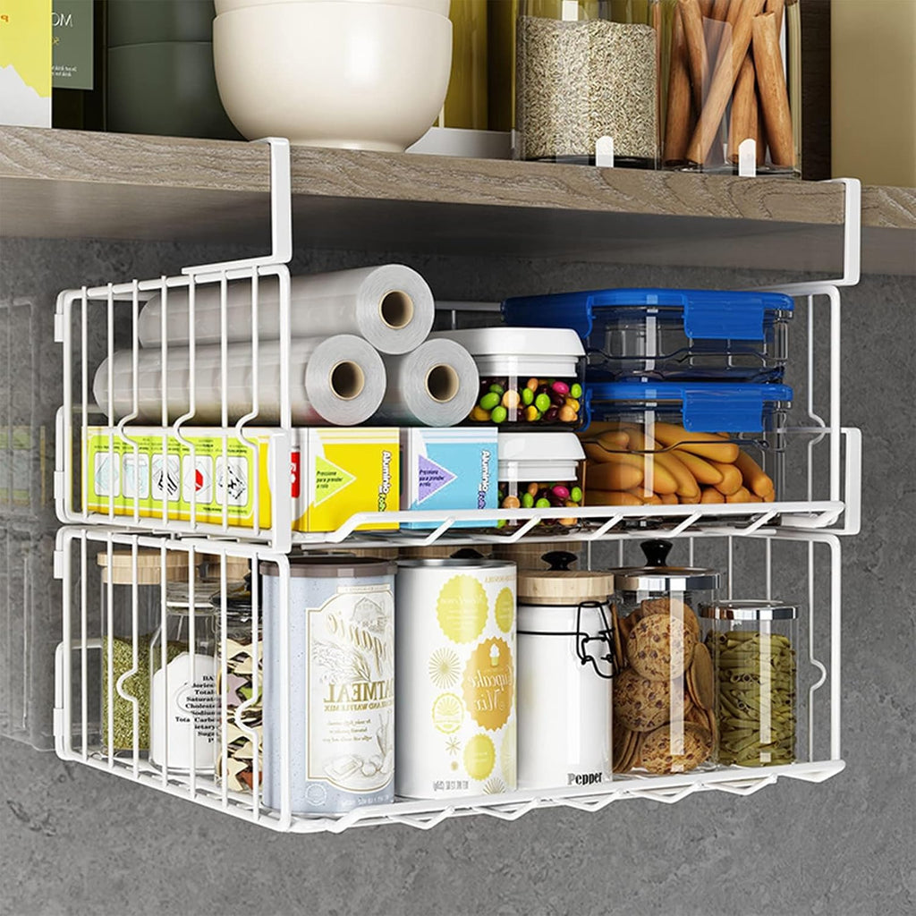 Hanging Under Shelf Storage Basket, 4 Pack Foldable Under Cabinet Metal Desk Storage Wire Rack Organizer for Kitchen Pantry Bookshelf Office Home, Easy to Install Slide-in Under Shelves (White)