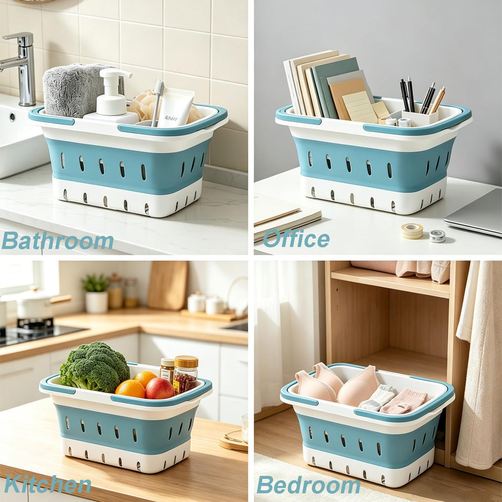 Portable Folding Plastic Bath Shower Caddy with Handle 2 Pack, Perforated, Collapse Travel Bathroom Organizer for Bedroom, College, Shower, Dorm Room, Camping and RV Use (Grey/Blue, 2 pack)