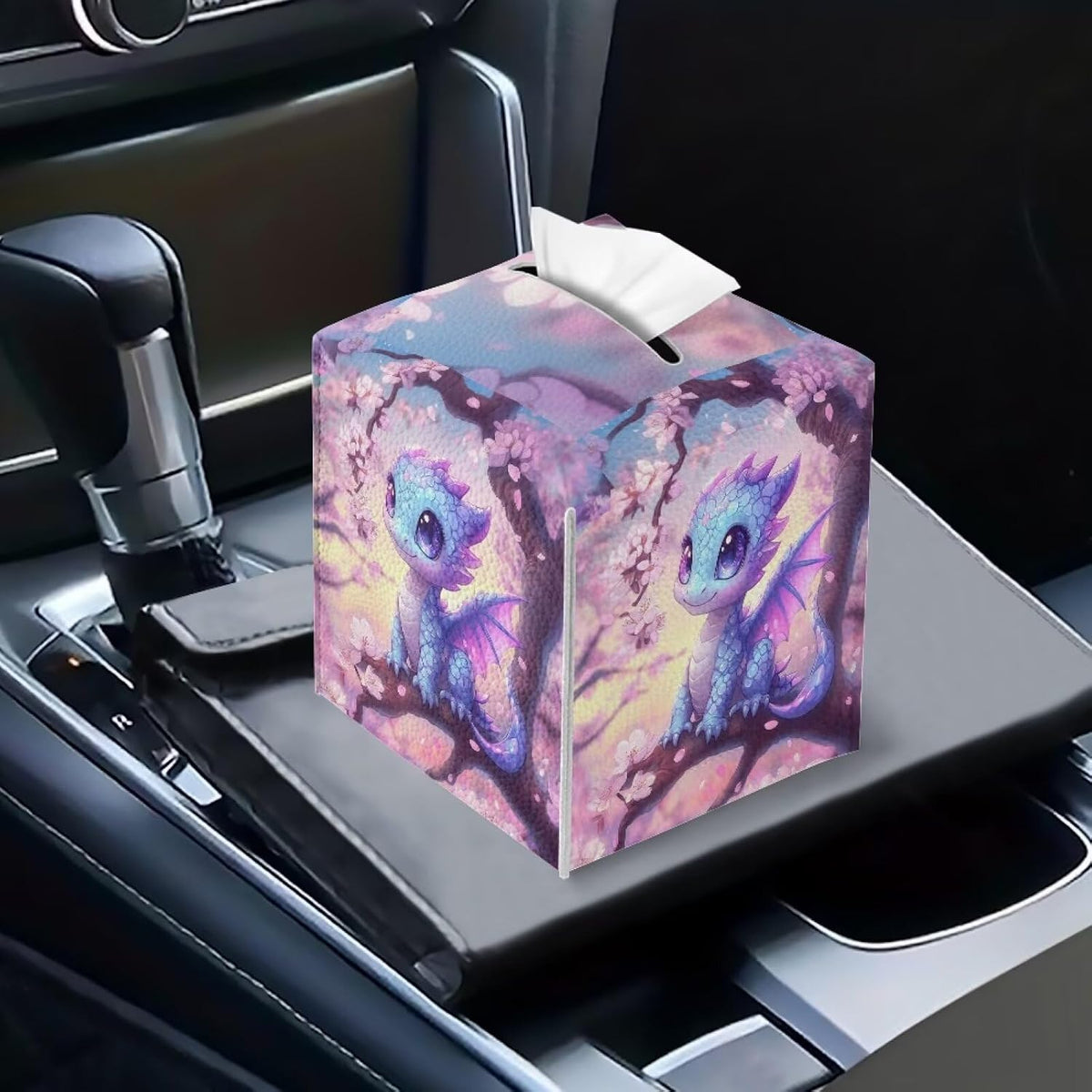 Dragon Cherry Blossom Tissue Box Cover 5.1x5.1x5.1'' Tissue Holder Napkin Dispenser for Home Office Car, Pu Leather Square Napkin Facial Paper Holder Organizer