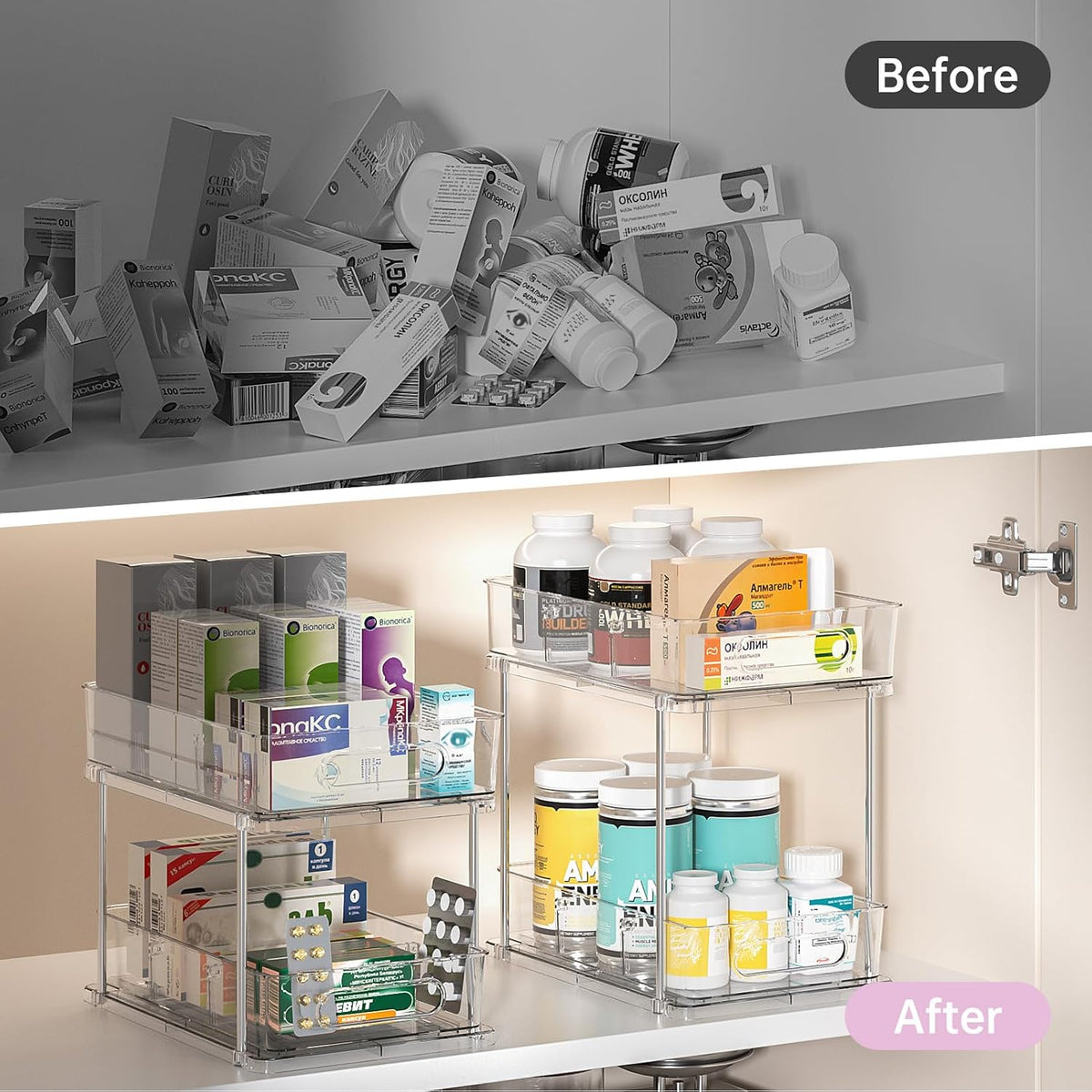 Delamu 2 Tier Under Sink Organizer Bathroom, Bathroom Cabinet Organizer with Snap-Lock Design and Hooks, Pull Out Storage with Movable Dividers, for Countertop, Kitchen and Pantry (Clear, 4 Pack)