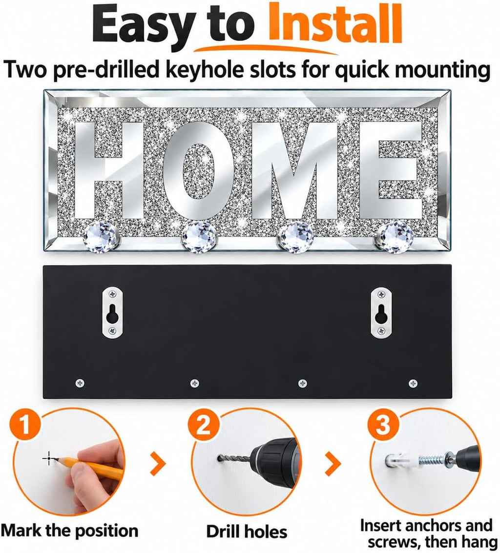 SHYFOY Mirrored Key Holder for Wall, Silver Home Sign with 4 Crystal Hooks