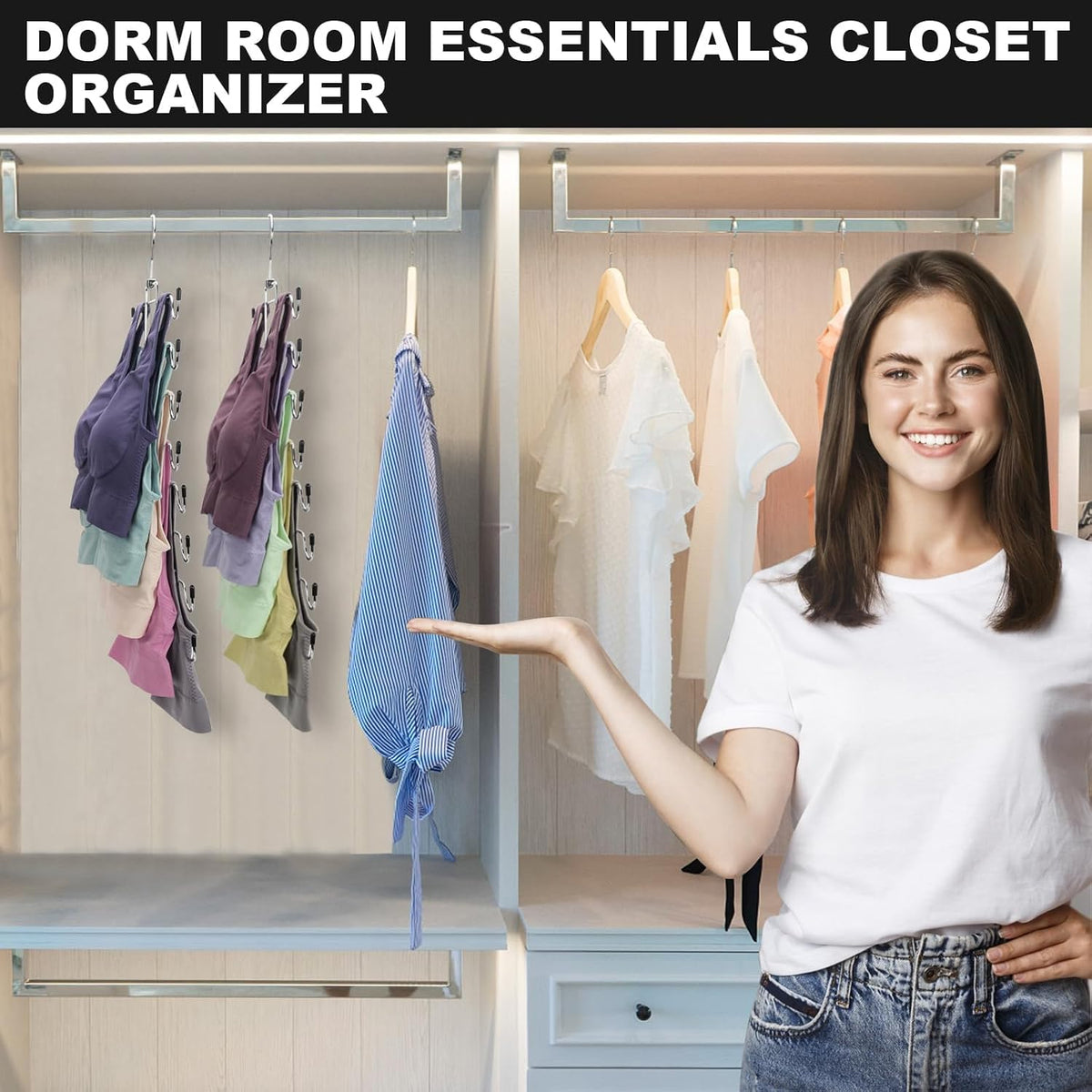 POZEAN Pants Hangers with Clips for Women, Adjustable Heavy Duty Skirt Hangers, Space Saving Non-Slip Shorts Jeans Trousers Clothes Hangers