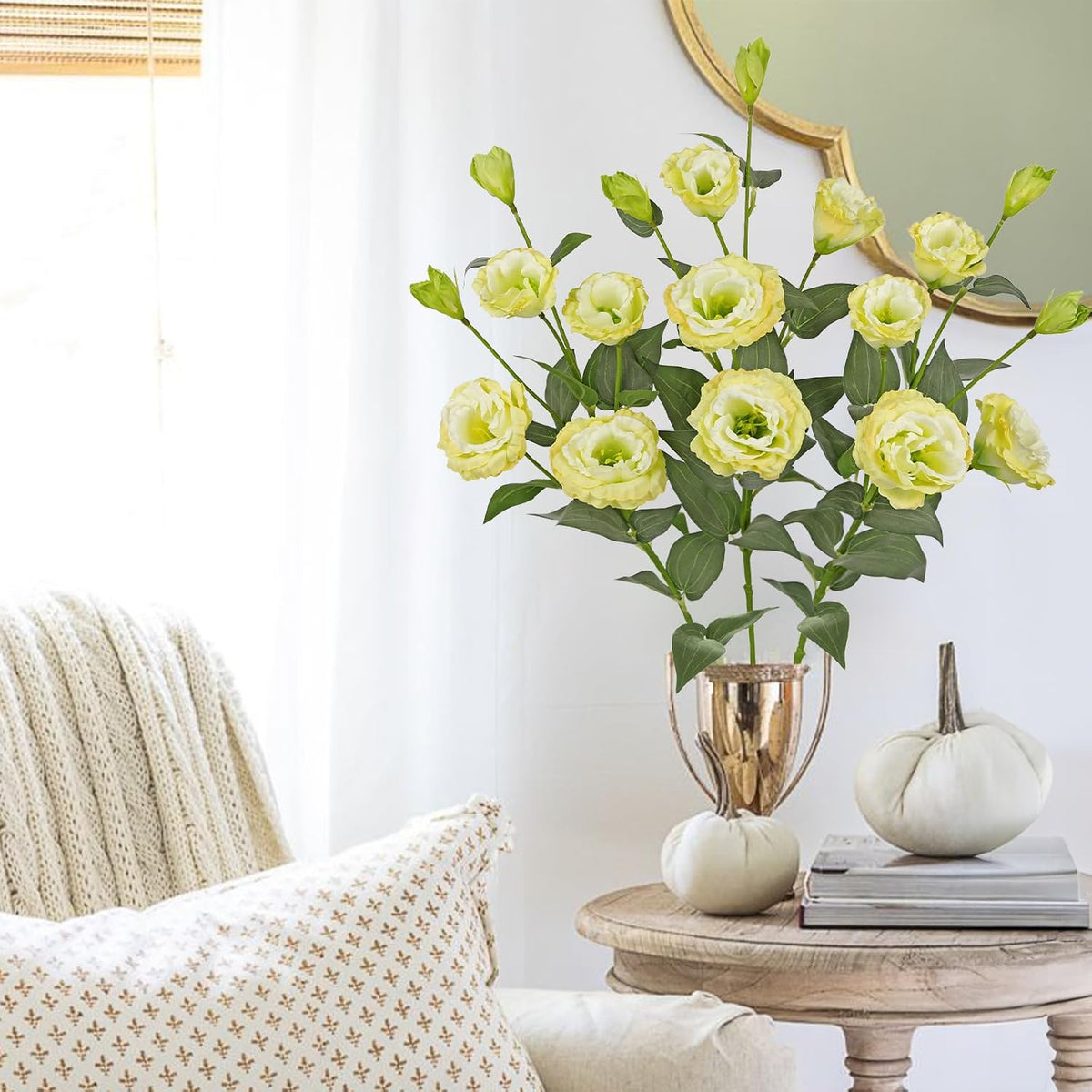 34.5" Cream White Artificial Flowers Silk Fake Flower 3Pcs Eustoma Lisianthus Flowers with Long Stem Faux Flowers Arrangement Branch with 4 Heads DIY Wedding Party Centerpiece Bouquet Table Home Decor