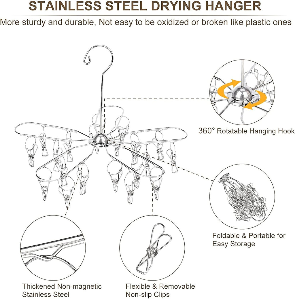Foldable Clothes Drying Rack Stainless Steel Clothes Drying Hanger with 20 Clips, Laundry Hanging Dryer for Underwear, Sock, Bra, Lingerie, Hat, Scarf, Gloves, Diapers, Towels, Baby Clothes