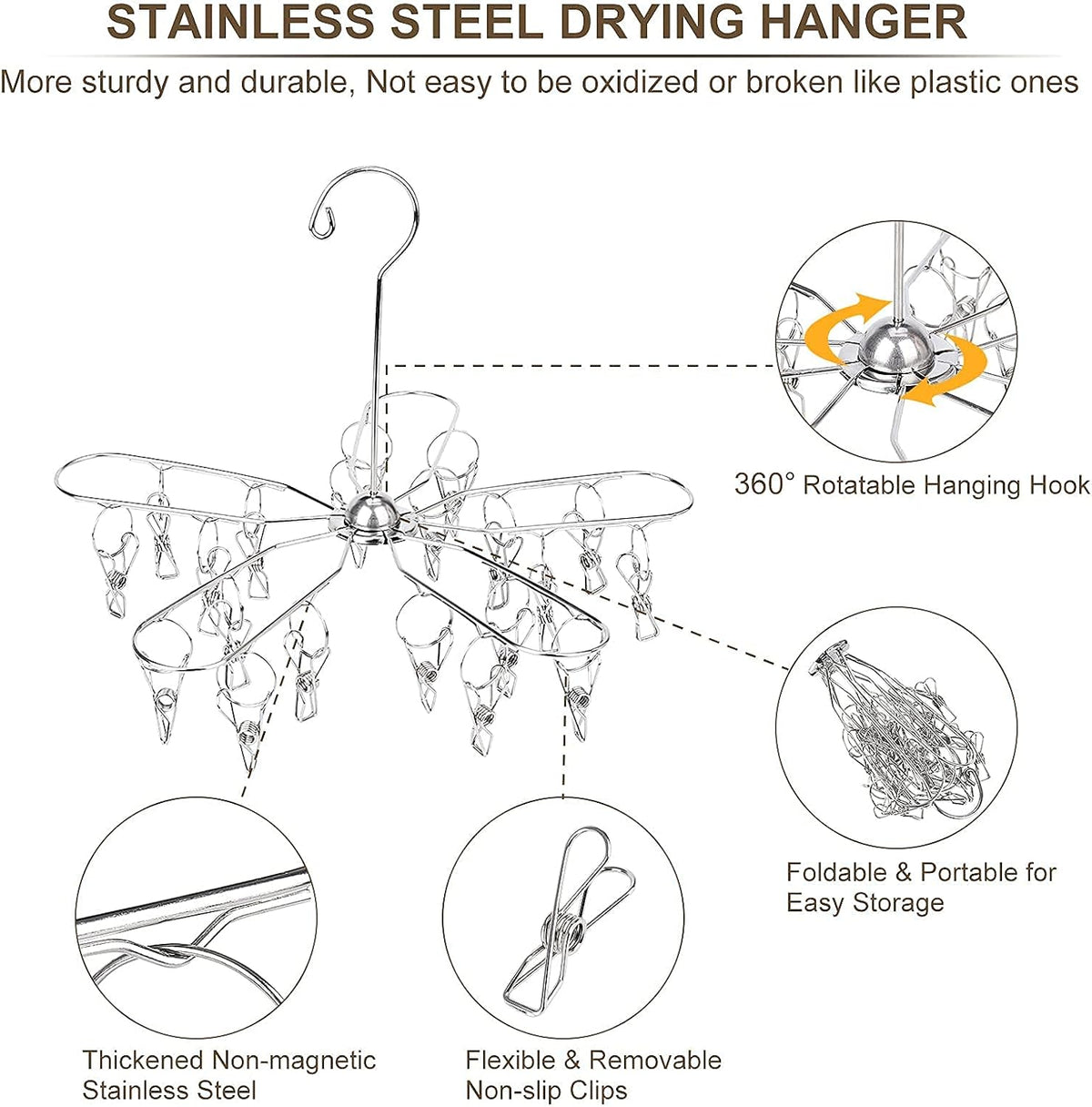 Foldable Clothes Drying Rack Stainless Steel Clothes Drying Hanger with 20 Clips, Laundry Hanging Dryer for Underwear, Sock, Bra, Lingerie, Hat, Scarf, Gloves, Diapers, Towels, Baby Clothes