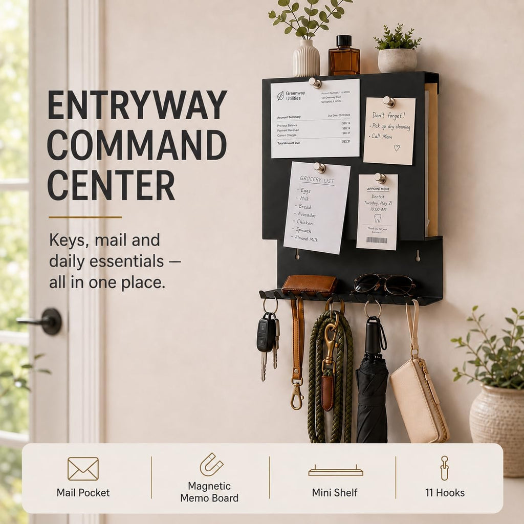 Key Holder Wall Mount,Mail Organizer with Hidden Storage,Minimalist Black