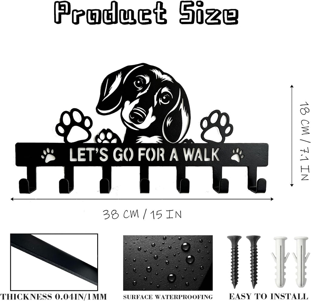 Cute Small Black Metal Dachshund Key & Dog Leash Holder for Wall