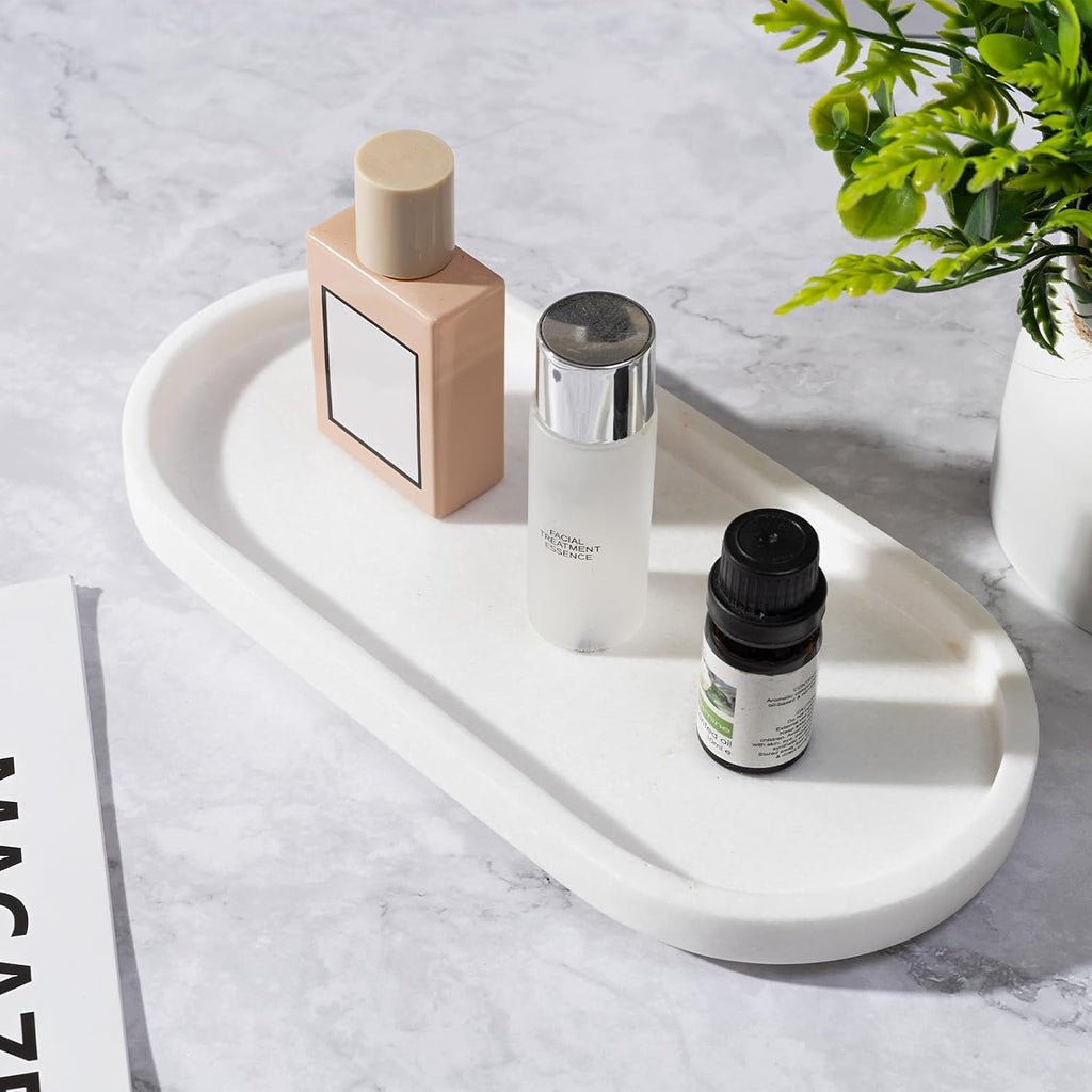 CHISELED ST DF SK Natural White Marble—10x5-inch Marble Tray for Bathrooms and Vanities, Ideal for Soap Bottles, Perfume, Aromatherapy, and Jewelry Accessories