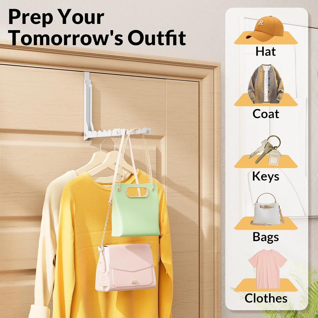 Over The Door Hooks, Foldable Clothes Drying Rack with 10 Hanging Slots, Space Saving Metal Door Organizer for Laundry, Closet Storage, Bedroom & Bathroom, Fits Doors Up to 1.8" Thick