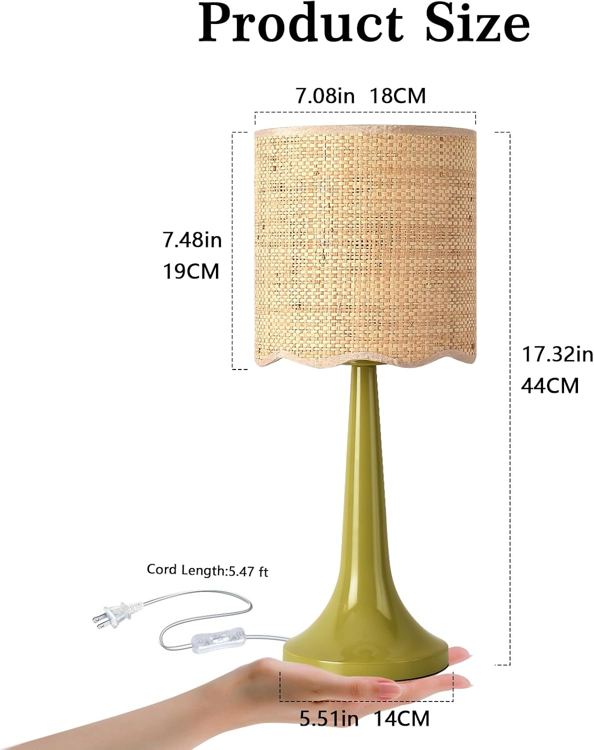 Green Rattan Small Table Lamp for Bedroom, Green Bedroom Lamps for Bedside Nightstand, Small Rattan Shade Table Shape Lamps for Small Spaces for Kitchen Counter, Home Office, Living Room, Kids Dorm